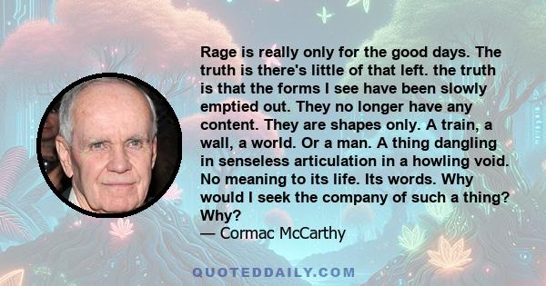 Rage is really only for the good days. The truth is there's little of that left. the truth is that the forms I see have been slowly emptied out. They no longer have any content. They are shapes only. A train, a wall, a