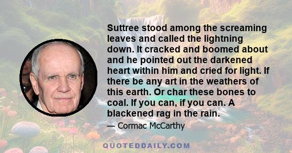 Suttree stood among the screaming leaves and called the lightning down. It cracked and boomed about and he pointed out the darkened heart within him and cried for light. If there be any art in the weathers of this