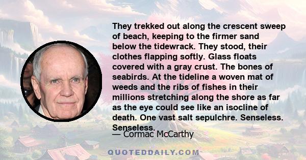 They trekked out along the crescent sweep of beach, keeping to the firmer sand below the tidewrack. They stood, their clothes flapping softly. Glass floats covered with a gray crust. The bones of seabirds. At the