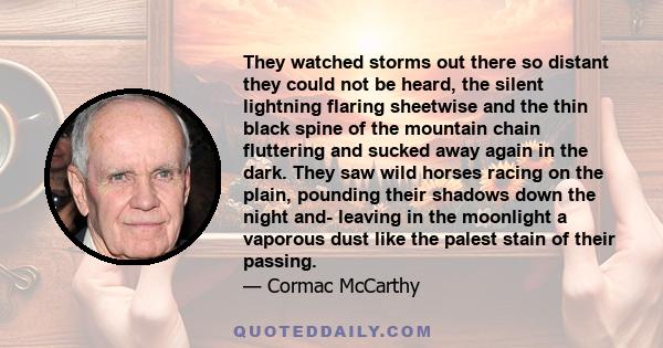 They watched storms out there so distant they could not be heard, the silent lightning flaring sheetwise and the thin black spine of the mountain chain fluttering and sucked away again in the dark. They saw wild horses