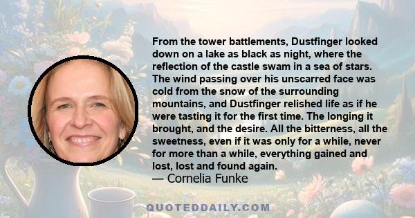 From the tower battlements, Dustfinger looked down on a lake as black as night, where the reflection of the castle swam in a sea of stars. The wind passing over his unscarred face was cold from the snow of the