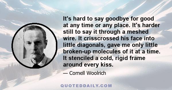 It's hard to say goodbye for good at any time or any place. It's harder still to say it through a meshed wire. It crisscrossed his face into little diagonals, gave me only little broken-up molecules of it at a time. It