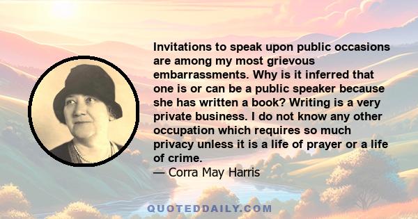 Invitations to speak upon public occasions are among my most grievous embarrassments. Why is it inferred that one is or can be a public speaker because she has written a book? Writing is a very private business. I do