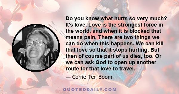 Do you know what hurts so very much? It's love. Love is the strongest force in the world, and when it is blocked that means pain. There are two things we can do when this happens. We can kill that love so that it stops