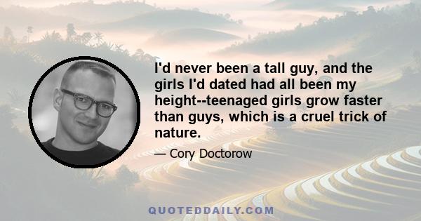 I'd never been a tall guy, and the girls I'd dated had all been my height--teenaged girls grow faster than guys, which is a cruel trick of nature.