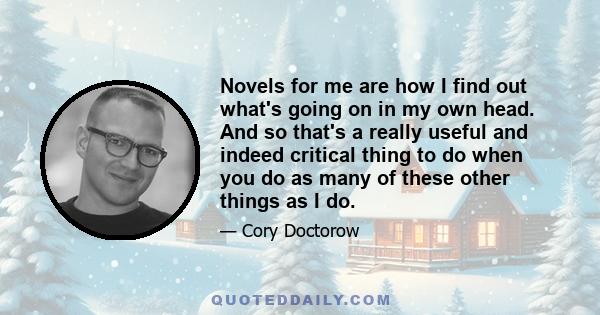 Novels for me are how I find out what's going on in my own head. And so that's a really useful and indeed critical thing to do when you do as many of these other things as I do.