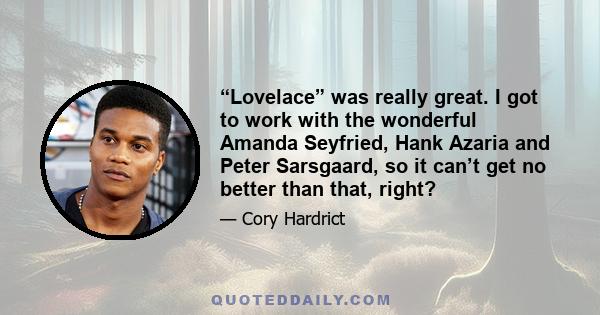 “Lovelace” was really great. I got to work with the wonderful Amanda Seyfried, Hank Azaria and Peter Sarsgaard, so it can’t get no better than that, right?