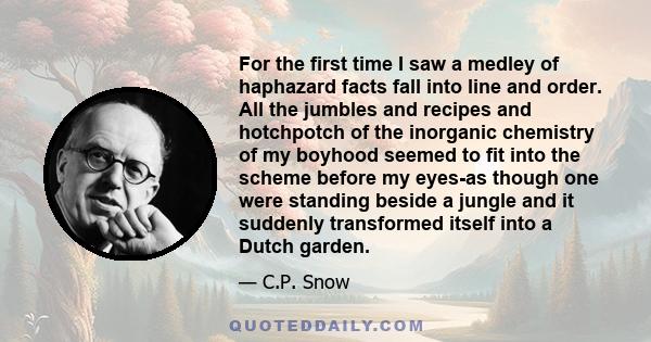 For the first time I saw a medley of haphazard facts fall into line and order. All the jumbles and recipes and hotchpotch of the inorganic chemistry of my boyhood seemed to fit into the scheme before my eyes-as though