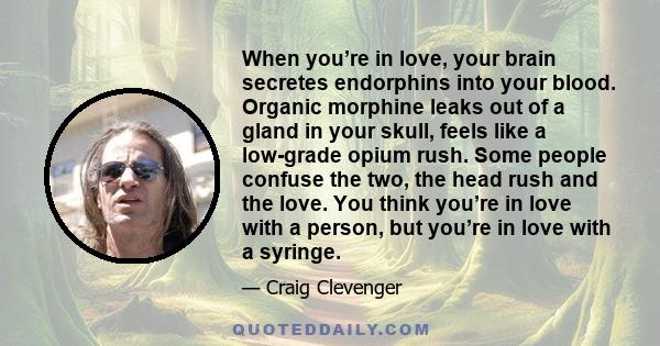 When you’re in love, your brain secretes endorphins into your blood. Organic morphine leaks out of a gland in your skull, feels like a low-grade opium rush. Some people confuse the two, the head rush and the love. You