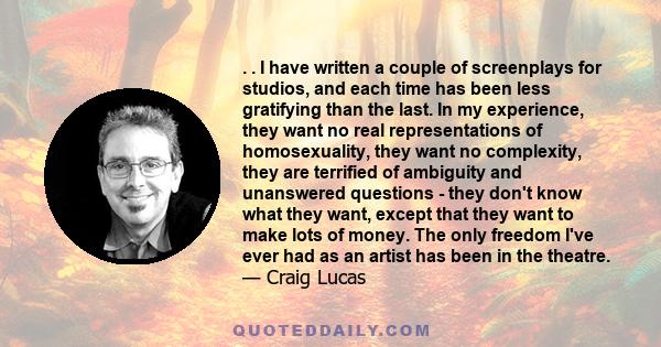 . . I have written a couple of screenplays for studios, and each time has been less gratifying than the last. In my experience, they want no real representations of homosexuality, they want no complexity, they are