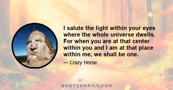 I salute the light within your eyes where the whole universe dwells. For when you are at that center within you and I am at that place within me, we shall be one.