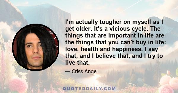 I'm actually tougher on myself as I get older. It's a vicious cycle. The things that are important in life are the things that you can't buy in life: love, health and happiness. I say that, and I believe that, and I try 