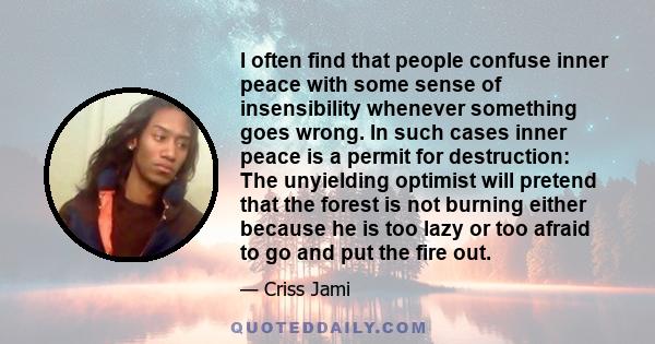 I often find that people confuse inner peace with some sense of insensibility whenever something goes wrong. In such cases inner peace is a permit for destruction: The unyielding optimist will pretend that the forest is 