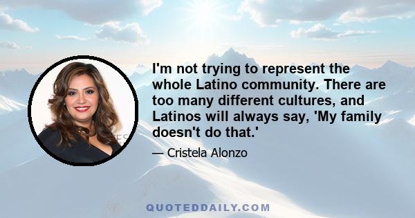 I'm not trying to represent the whole Latino community. There are too many different cultures, and Latinos will always say, 'My family doesn't do that.'