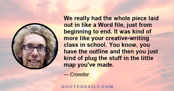 We really had the whole piece laid out in like a Word file, just from beginning to end. It was kind of more like your creative-writing class in school. You know, you have the outline and then you just kind of plug the