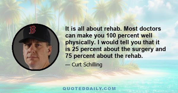 It is all about rehab. Most doctors can make you 100 percent well physically. I would tell you that it is 25 percent about the surgery and 75 percent about the rehab.