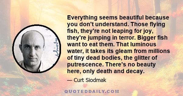 Everything seems beautiful because you don't understand. Those flying fish, they're not leaping for joy, they're jumping in terror. Bigger fish want to eat them. That luminous water, it takes its gleam from millions of