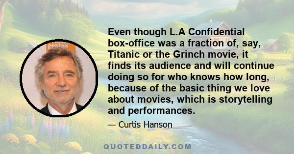 Even though L.A Confidential box-office was a fraction of, say, Titanic or the Grinch movie, it finds its audience and will continue doing so for who knows how long, because of the basic thing we love about movies,