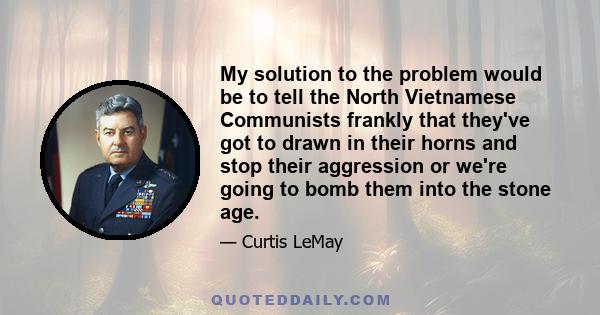 My solution to the problem would be to tell the North Vietnamese Communists frankly that they've got to drawn in their horns and stop their aggression or we're going to bomb them into the stone age.