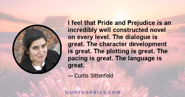 I feel that Pride and Prejudice is an incredibly well constructed novel on every level. The dialogue is great. The character development is great. The plotting is great. The pacing is great. The language is great.