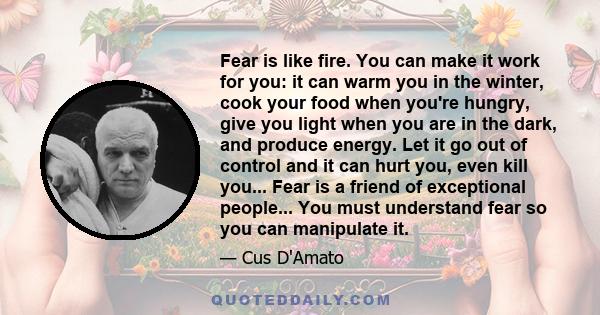 Fear is like fire. You can make it work for you: it can warm you in the winter, cook your food when you're hungry, give you light when you are in the dark, and produce energy. Let it go out of control and it can hurt