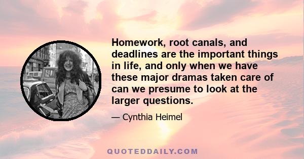 Homework, root canals, and deadlines are the important things in life, and only when we have these major dramas taken care of can we presume to look at the larger questions.