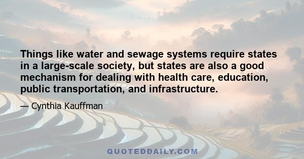 Things like water and sewage systems require states in a large-scale society, but states are also a good mechanism for dealing with health care, education, public transportation, and infrastructure.