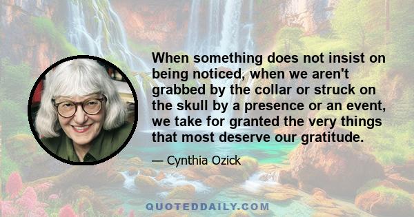 When something does not insist on being noticed, when we aren't grabbed by the collar or struck on the skull by a presence or an event, we take for granted the very things that most deserve our gratitude.