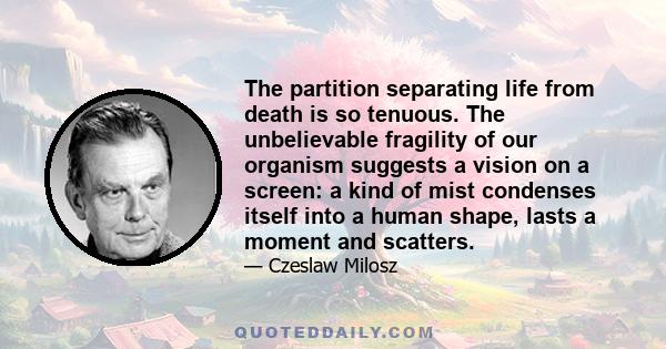 The partition separating life from death is so tenuous. The unbelievable fragility of our organism suggests a vision on a screen: a kind of mist condenses itself into a human shape, lasts a moment and scatters.