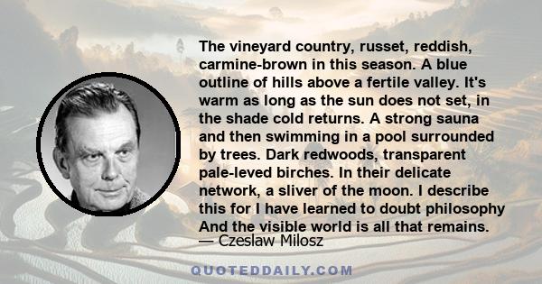 The vineyard country, russet, reddish, carmine-brown in this season. A blue outline of hills above a fertile valley. It's warm as long as the sun does not set, in the shade cold returns. A strong sauna and then swimming 