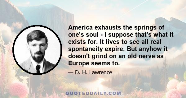 America exhausts the springs of one's soul - I suppose that's what it exists for. It lives to see all real spontaneity expire. But anyhow it doesn't grind on an old nerve as Europe seems to.