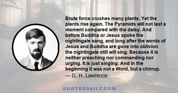 Brute force crushes many plants. Yet the plants rise again. The Pyramids will not last a moment compared with the daisy. And before Buddha or Jesus spoke the nightingale sang, and long after the words of Jesus and