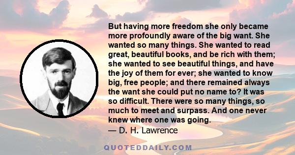 But having more freedom she only became more profoundly aware of the big want. She wanted so many things. She wanted to read great, beautiful books, and be rich with them; she wanted to see beautiful things, and have