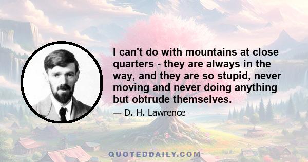 I can't do with mountains at close quarters - they are always in the way, and they are so stupid, never moving and never doing anything but obtrude themselves.