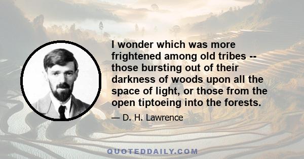 I wonder which was more frightened among old tribes -- those bursting out of their darkness of woods upon all the space of light, or those from the open tiptoeing into the forests.