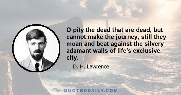 O pity the dead that are dead, but cannot make the journey, still they moan and beat against the silvery adamant walls of life's exclusive city.