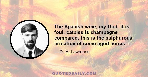 The Spanish wine, my God, it is foul, catpiss is champagne compared, this is the sulphurous urination of some aged horse.