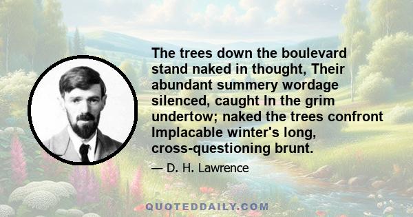 The trees down the boulevard stand naked in thought, Their abundant summery wordage silenced, caught In the grim undertow; naked the trees confront Implacable winter's long, cross-questioning brunt.