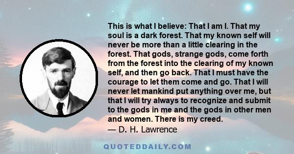 This is what I believe: That I am I. That my soul is a dark forest. That my known self will never be more than a little clearing in the forest. That gods, strange gods, come forth from the forest into the clearing of my 