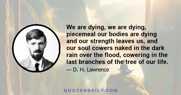 We are dying, we are dying, piecemeal our bodies are dying and our strength leaves us, and our soul cowers naked in the dark rain over the flood, cowering in the last branches of the tree of our life.