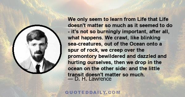 We only seem to learn from Life that Life doesn't matter so much as it seemed to do - it's not so burningly important, after all, what happens. We crawl, like blinking sea-creatures, out of the Ocean onto a spur of