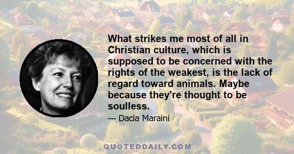 What strikes me most of all in Christian culture, which is supposed to be concerned with the rights of the weakest, is the lack of regard toward animals. Maybe because they're thought to be soulless.