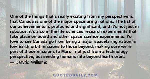 One of the things that's really exciting from my perspective is that Canada is one of the major spacefaring nations. The list of our achievements is profound and significant, and it's not just in robotics, it's also in