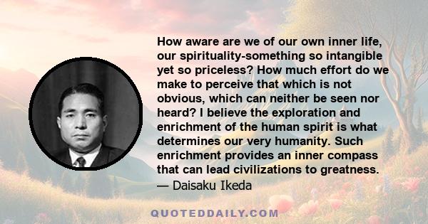 How aware are we of our own inner life, our spirituality-something so intangible yet so priceless? How much effort do we make to perceive that which is not obvious, which can neither be seen nor heard? I believe the