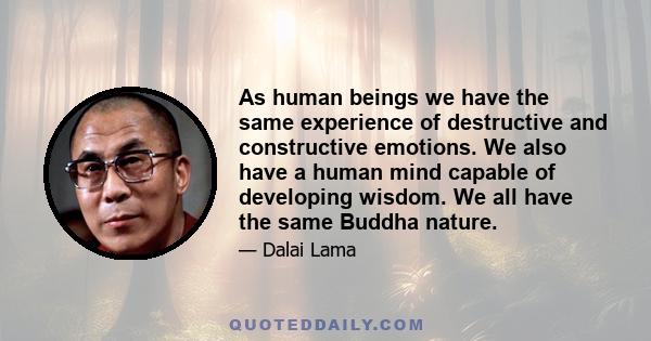 As human beings we have the same experience of destructive and constructive emotions. We also have a human mind capable of developing wisdom. We all have the same Buddha nature.