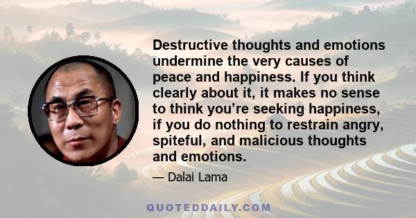 Destructive thoughts and emotions undermine the very causes of peace and happiness. If you think clearly about it, it makes no sense to think you’re seeking happiness, if you do nothing to restrain angry, spiteful, and