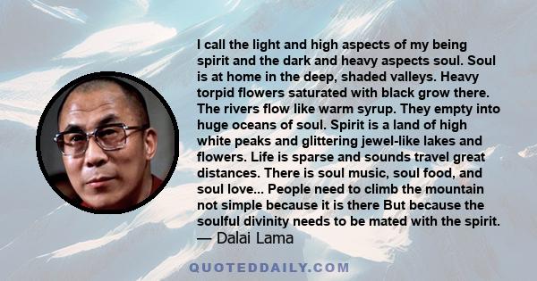 I call the light and high aspects of my being spirit and the dark and heavy aspects soul. Soul is at home in the deep, shaded valleys. Heavy torpid flowers saturated with black grow there. The rivers flow like warm