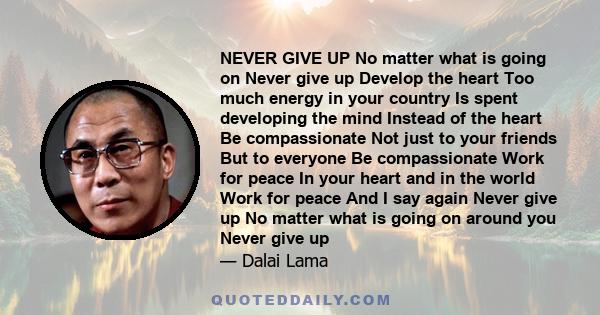 NEVER GIVE UP No matter what is going on Never give up Develop the heart Too much energy in your country Is spent developing the mind Instead of the heart Be compassionate Not just to your friends But to everyone Be