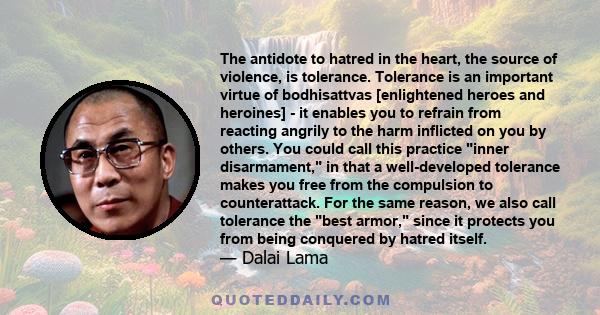 The antidote to hatred in the heart, the source of violence, is tolerance. Tolerance is an important virtue of bodhisattvas [enlightened heroes and heroines] - it enables you to refrain from reacting angrily to the harm 