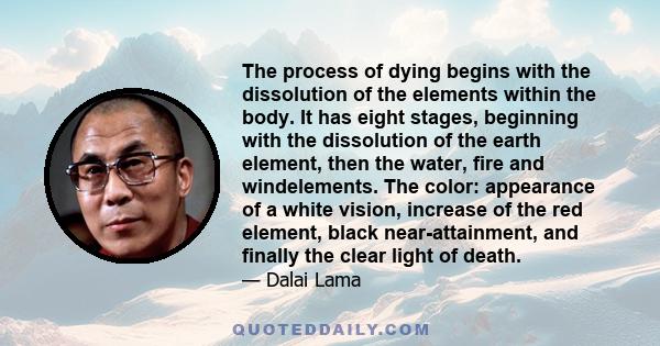 The process of dying begins with the dissolution of the elements within the body. It has eight stages, beginning with the dissolution of the earth element, then the water, fire and windelements. The color: appearance of 